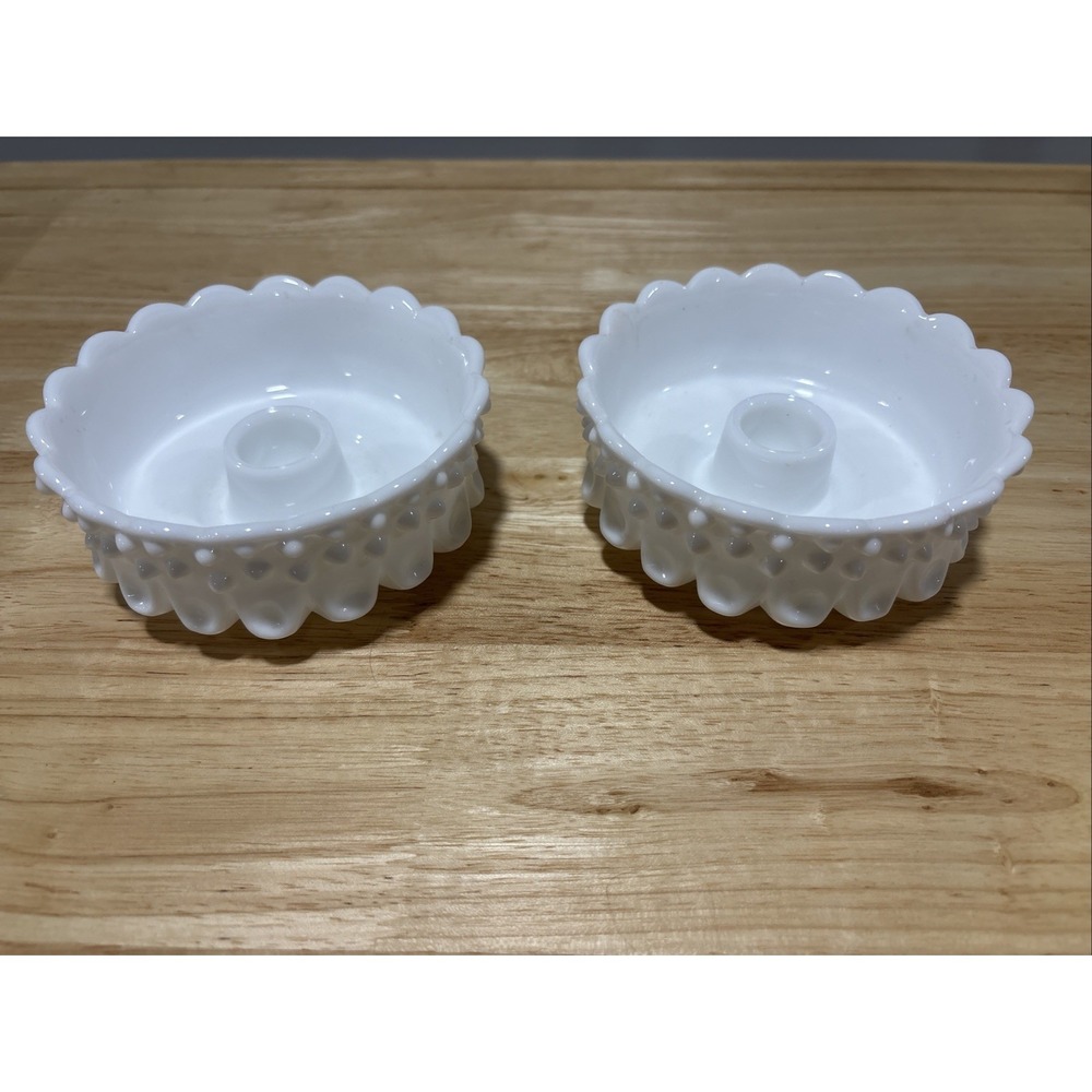 Beautiful Pair Vintage Fenton White Milk Glass Hobnail Candlestick Holders